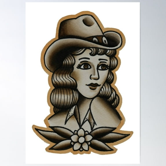 Vintage Cowgirl Tattoo Design. Poster Wall Art, Modern Wall Decor For Living Room Bedroom, 24x36 UNFRAMED