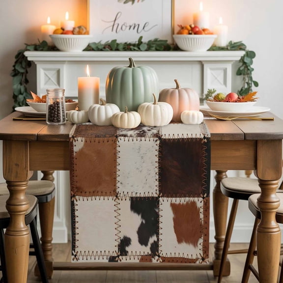 Vintage Cowhide Cotton Linen Table Runner, Washable Table Runners for Kitchen, Dining Room, Holiday, Home Party Table Decor, 13x120 Inches