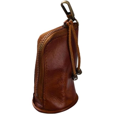 Vintage Cowhide Leather Zipper Coin Purse Medieval Genuine Leather Change Holder Keychain Organizer Middle Age Handmade Travel Pouch Wallet with Key Ring for Men Women (Brown)