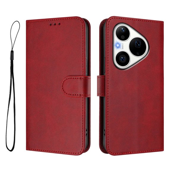 Vintage Cowhide RFID Blocking Wallet PU Phone Case, Flip Folio Leather Cover with Card Slots, Kickstand & Hand Strap, Shockproof Protective Case for Huawei P90 PRO-Red