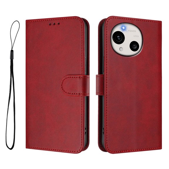 Vintage Cowhide RFID Blocking Wallet PU Phone Case, Flip Folio Leather Cover with Card Slots, Kickstand & Hand Strap, Shockproof Protective Case for Sharp Aquos R11-Red