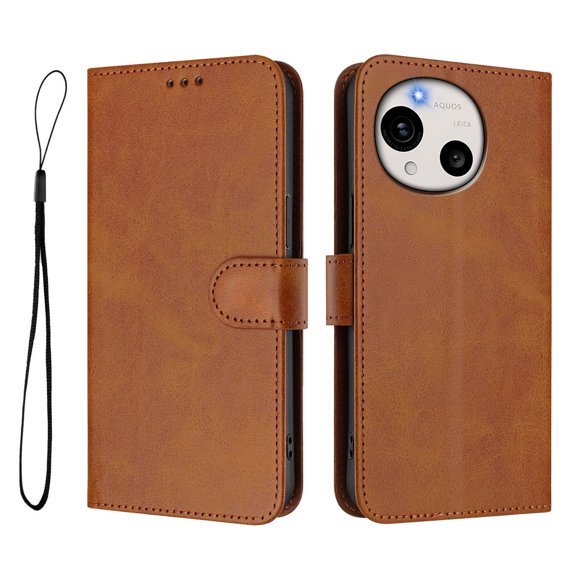 Vintage Cowhide RFID Blocking Wallet PU Phone Case, Flip Folio Leather Cover with Card Slots, Kickstand & Hand Strap, Shockproof Protective Case for Sharp Aquos R11-Brown