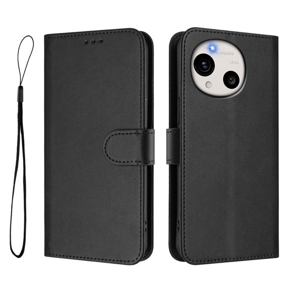 Vintage Cowhide RFID Blocking Wallet PU Phone Case, Flip Folio Leather Cover with Card Slots, Kickstand & Hand Strap, Shockproof Protective Case for Sharp Aquos R11-Black