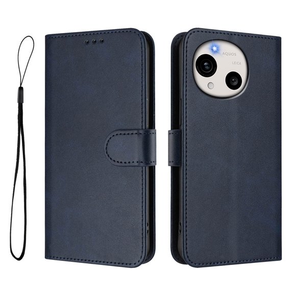 Vintage Cowhide RFID Blocking Wallet PU Phone Case, Flip Folio Leather Cover with Card Slots, Kickstand & Hand Strap, Shockproof Protective Case for Sharp Aquos R11-Blue