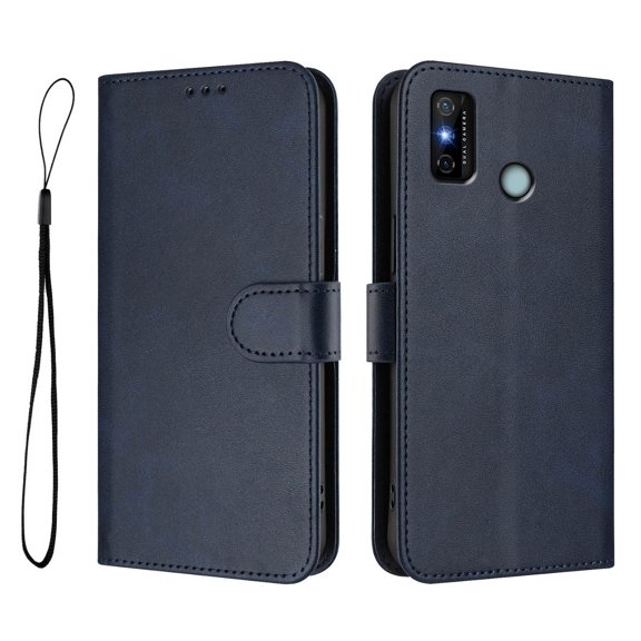 Vintage Cowhide RFID Blocking Wallet PU Phone Case, Flip Folio Leather Cover with Card Slots, Kickstand & Hand Strap, Shockproof Protective Case for TECNO SPARK 6 GO/SPARK go 2020/2021-Blue