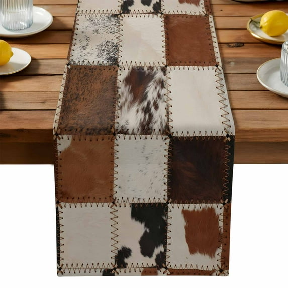Vintage Cowhide Table Runner, Cow Fur Print Animal Skin Brown Plaid Kitchen Table Runners Dress Scarves for Table Decorations Party/Restaurant/Indoor Outdoor Use, 13x108in