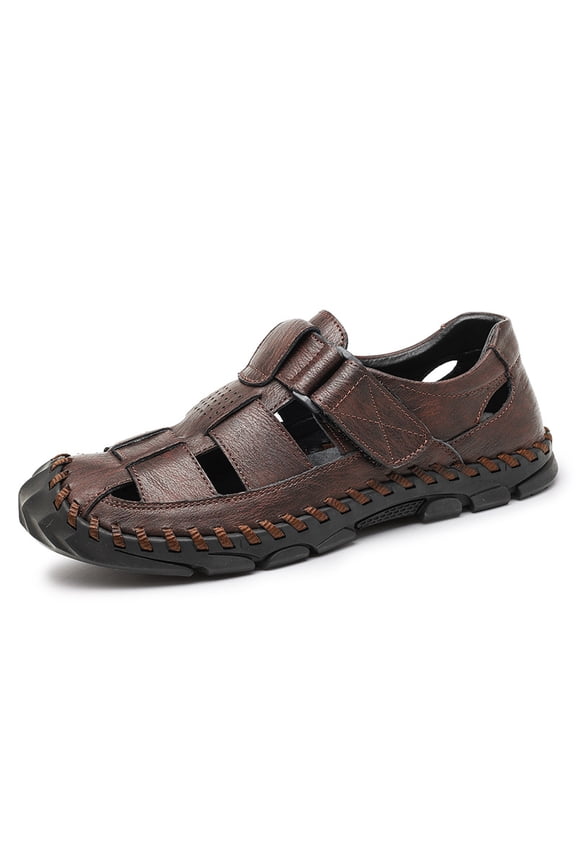 Vintage Cowhide Woven Hollow Fisherman Sandals Full Hand Sewn Rugged Anti-Slip Rubber Sole Summer Footwear