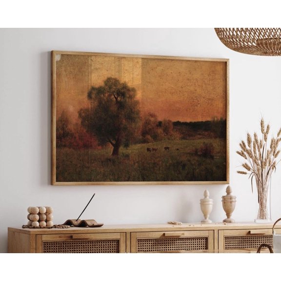 Vintage Cows In Field Poster: George Inness Autumn Landscape Art, Stretched Canvas Size 12x18