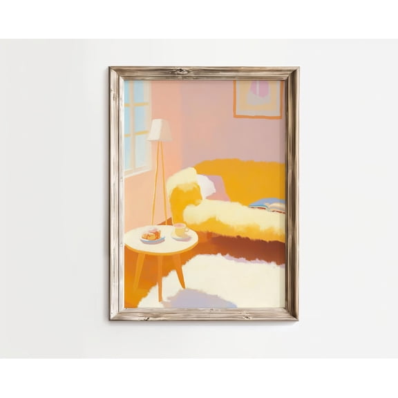 Vintage Cozy Yellow Bedroom Wall Art - Fluffy Sofa & Cottage Pastel Decor For Girly Wall Art Poster, Unframed Poster Size 12x18
