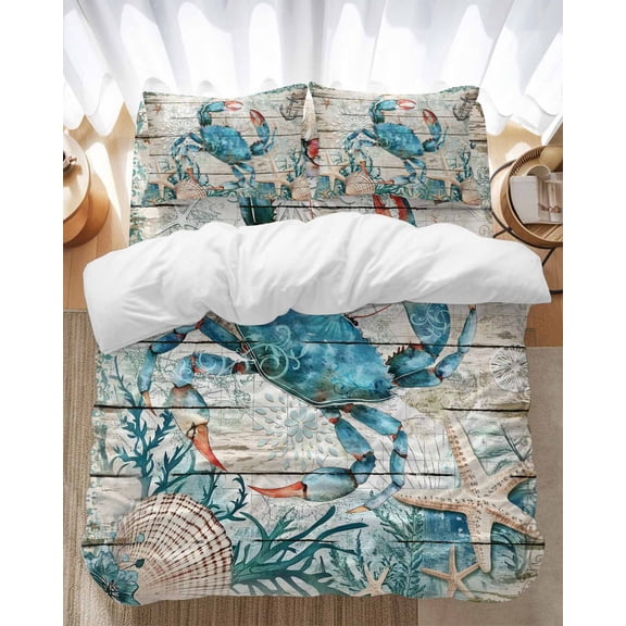 Vintage Crab Bedding Duvet Cover Set King Size 4 Pieces Ocean Coral Anchor Shell Wood Grain Bedding Set with Zipper Closure, 1 Comforter Cover 92x106 Inches 1 Flat Sheet & 2 Pillow Cases