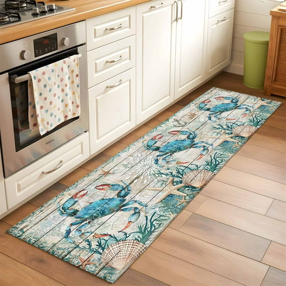 Vintage Crab Washable Area Rug 2x6 Ocean Coral Anchor Shell Wood Grain Low-Profile Area Rugs with Non Slip Backing Indoor Floor Carpet for Entrance Living Room Bedroom Home Office