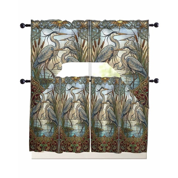 Vintage Cranes Kitchen Curtain and Valance Set 3 Pieces,Rod Pocket Short Tier Curtains 36 Inch Length,Country Retro Chic Glass Flower Textured Swag Topper Small Window Treatment for Cafe Bedroom