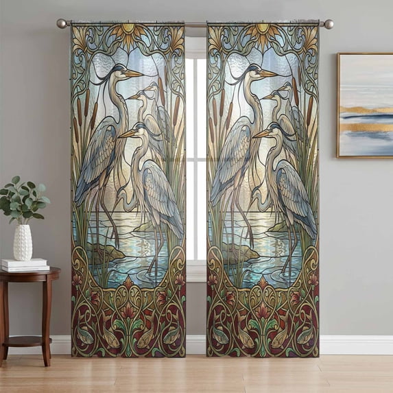 Vintage Cranes Sheer Curtains 96 Inch Length 2 Panels for Living Room, Country Retro Chic Glass Flower Textured Voile Kitchen Curtain Set, Luxury Privacy Drapes Window Treatment for Bedroom