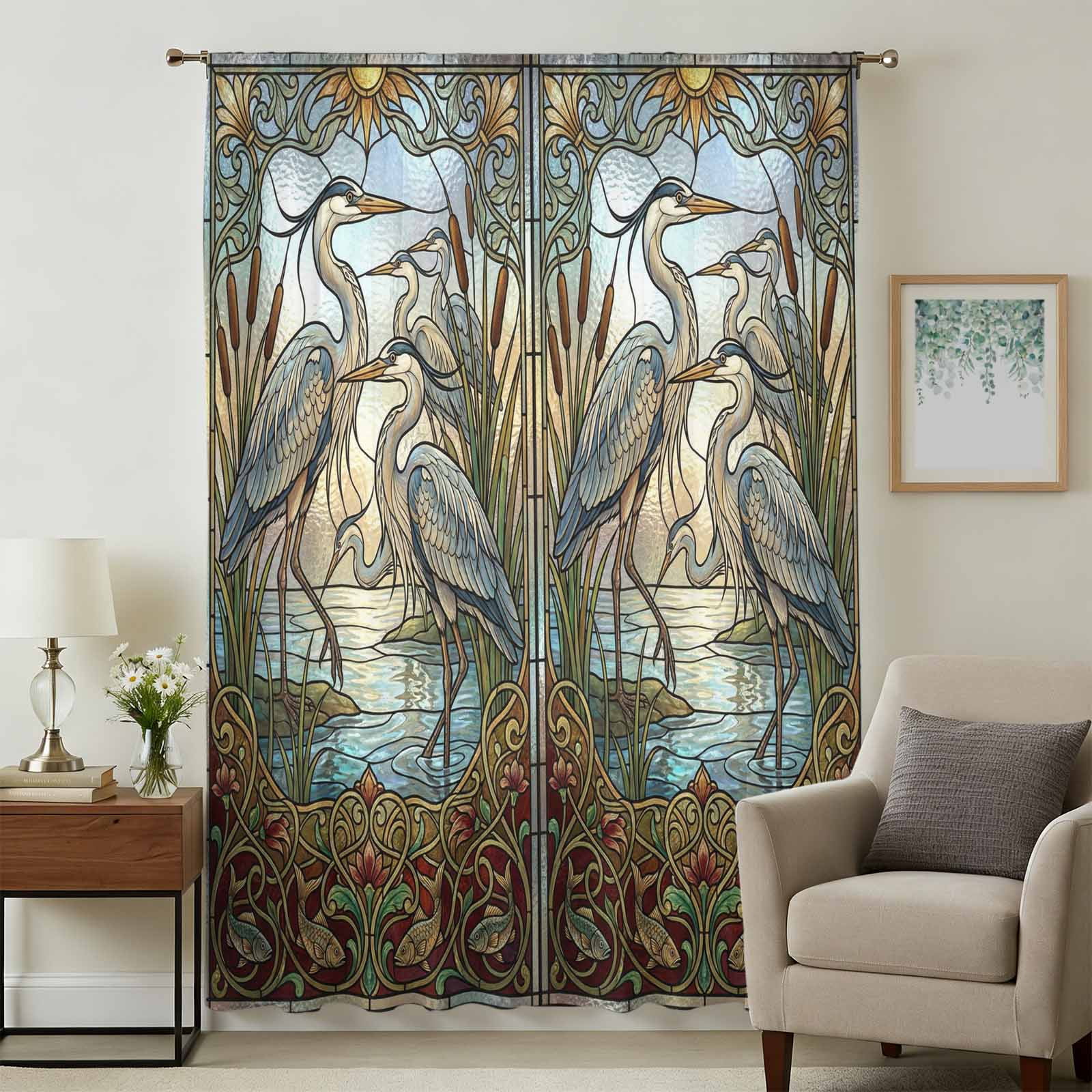Simicranes Vintage Cranes Sheer Curtains 96 Inches Long, Country Retro Chic Glass ...