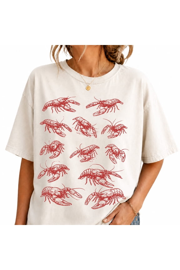 Vintage Crawfish Lobster Tattoo Graphic Casual T-Shirt for Men and Women