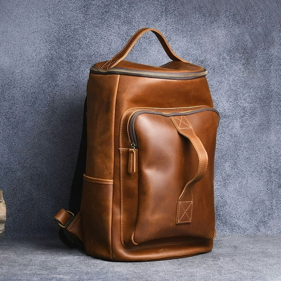 Vintage Crazy Horse Leather Hand-carrying Backpack Travel Leather Hiking Backpack,Brown