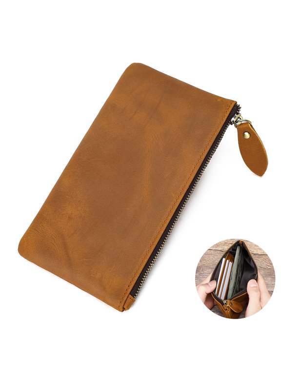 Vintage CrazyHorse Leather Zipper Pouch, MultiPurpose Flat Leather Wallet Pencil Bag, Slim Zip Storage Holder for Cash Cards Pens, Brown
