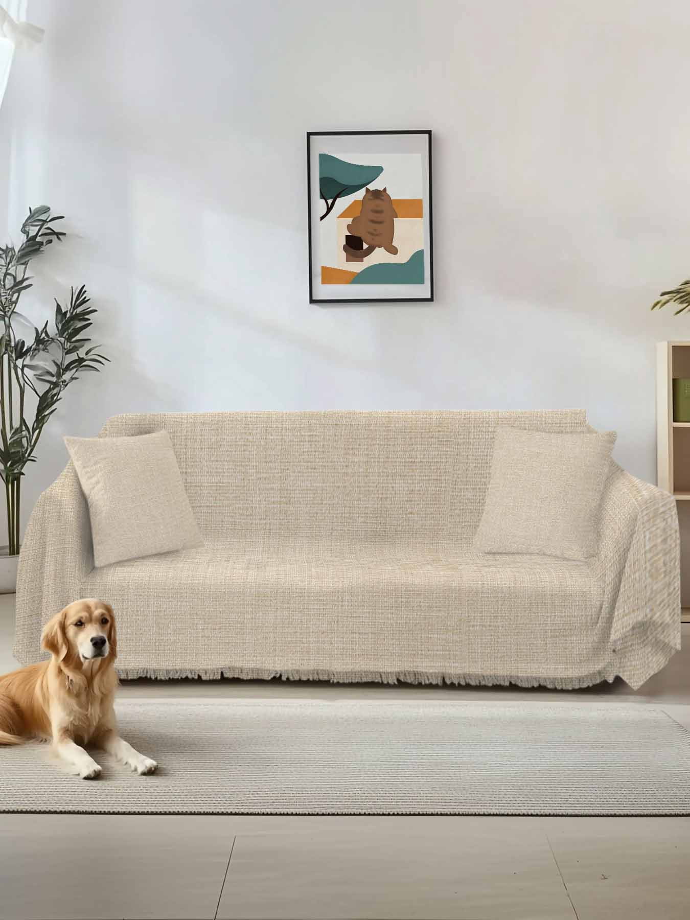 Vintage Cream Couch Cover for Dogs, Farmhouse Retro Beige Solid Color Washable Sofa Covers Slipcover for Pets Dogs Futon Cover, Couch Recliner Covers, Oversized Chair Slipcover 71"x91"