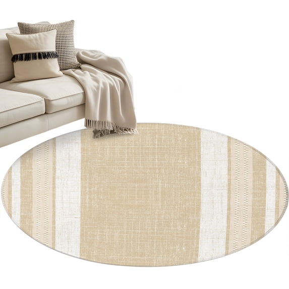 Vintage Cream Striped Round Rug 3ft Washable Circle Entryway Rugs Non Slip Farmhouse Modern Stripes Boho Linen Area Rug Indoor Floor Carpet for Bedroom Kitchen Living Room Office Dining Room Nursery