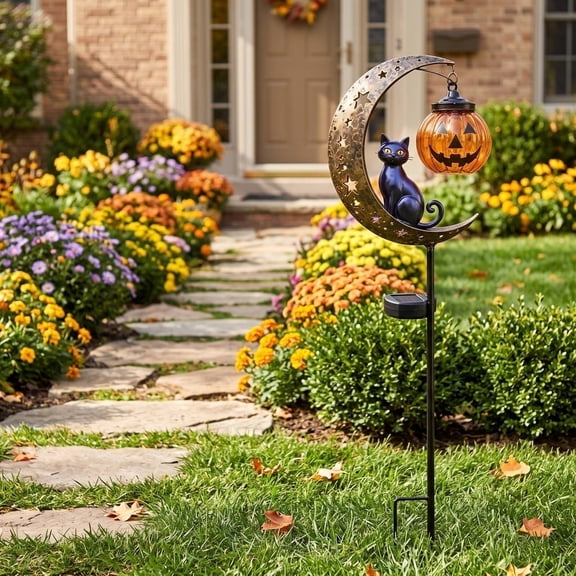 Vintage Crescent Moon Black Cat Solar Garden Stake Light, Rustic Metal Pumpkin Lantern Yard Pathway Lamp, Outdoor Waterproof Halloween Landscape Decor,33.46*7.09 in.