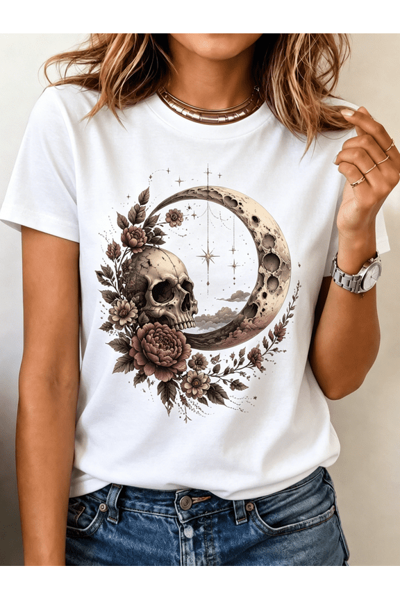 Vintage Crescent Moon Floral Skull Graphic T-Shirt Boho Dark Academia Purple Peony Wildflower Starry Sky Gothic Witchy Short Sleeve Cotton Tee for Women
