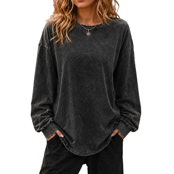 Vintage Crewneck Sweatshirts Women Washed Long Sleeve Oversized Sweater, XL