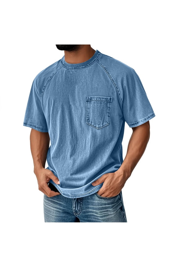 Vintage Crewneck T-shirt for Mens Casual Plain Reglan Short Sleeve Shirts Plus Size Loose Basic Tees with Chest Pockets Comfy Soft Summer Clothes Blue