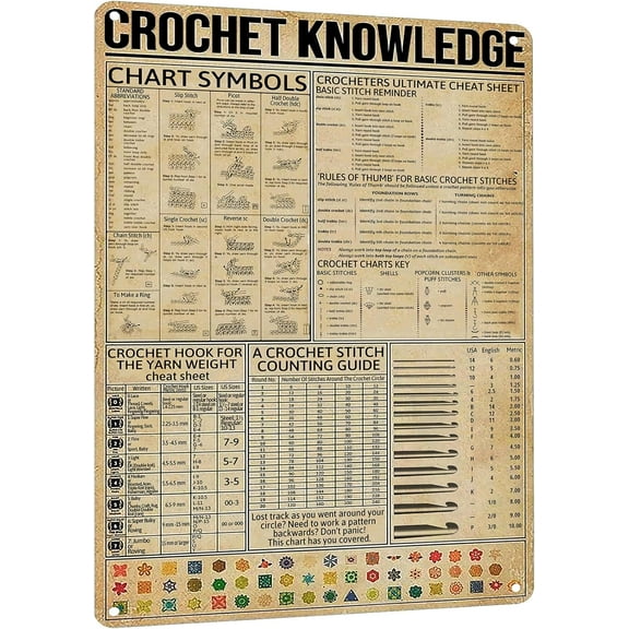 Vintage Crochet Knowledge Metal Tin Sign - Ultimate Crocheter's Cheat Sheet Poster - Gift for Crochet Lovers, Women's Crochet Guide, Sewing Room Wall Decor 12x16 Inches
