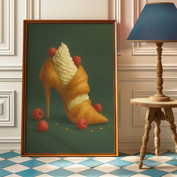 Vintage Croissant High Heel Raspberry Cream Pastry Quirky Retro French Kitchen, Unframed Poster