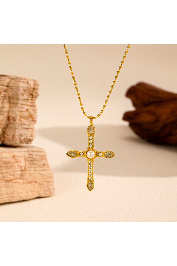 Vintage Cross Iced Out Zircon Pendant Beaded Chains Necklace for Women Boho 14K Gold Tarnish Free Jewelry