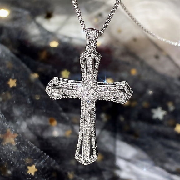 Vintage Cross Necklace Unisex Cubic Zirconia Pendant Necklace Silver Tennis Chain Statement Necklace Gift for Women Men