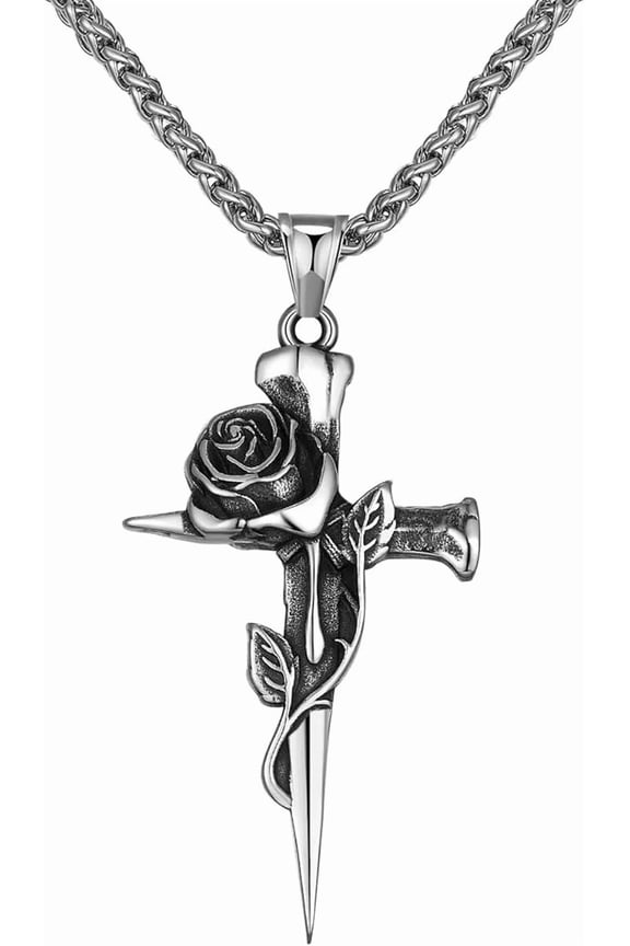 Vintage Cross Pendant Necklace for Men Women Rose Flower Necklace Stainless Steel Gothic Punk Jewelry,Personalized Rapper Bike Necklaces with 24 Inch Chain