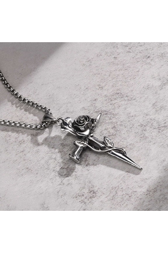Vintage Cross Pendant Necklace for Men Women, Rock Punk 14K White Gold Rose Flower Gothic Collar Gifts for Him Jewelry