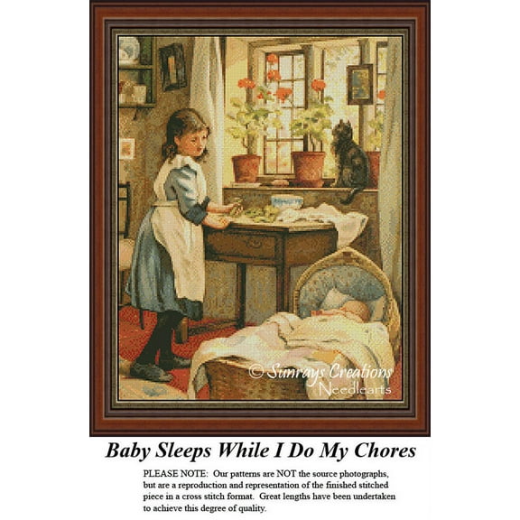 Vintage Cross Stitch Patterns | Baby Sleeps While I Do My Chores (Pattern Only, You Provide the Floss and Fabric)