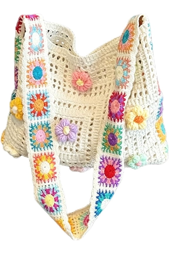 Vintage Crossbody Bag with Contrasting Floral Pattern, Handmade Crochet Purse, Boho Shoulder Bag with Granny Square Strap