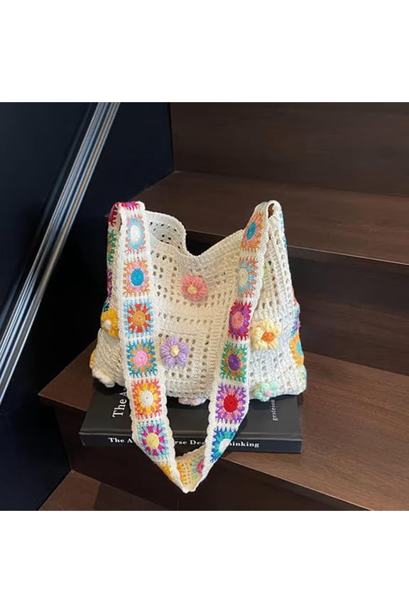 Vintage Crossbody Bag with Contrasting Floral Pattern, Handmade Crochet Purse, Boho Shoulder Bag with Granny Square Strap