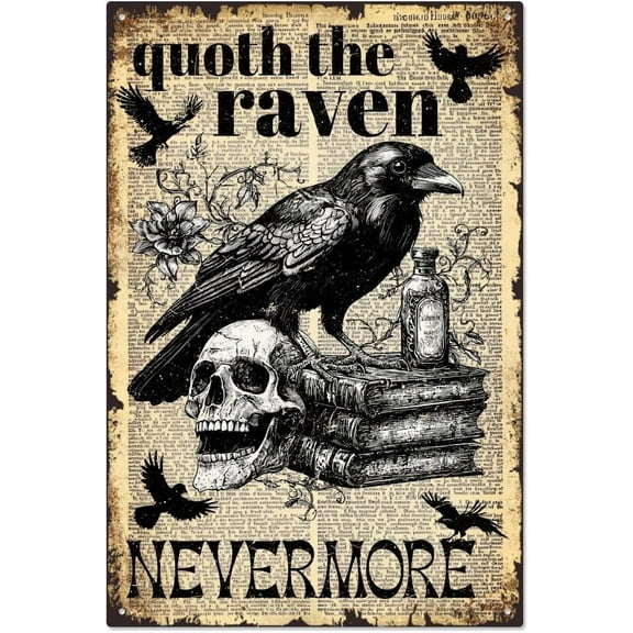 Vintage Crow Metal Tin Sign Quoth The Raven Nevermore Sign Raven Gothic Wall Art Decor Creepy Metal Retro 7.87x11.81 Inch with 2PCS White Sealing Wax Sticks Packed in Velvet Pouches