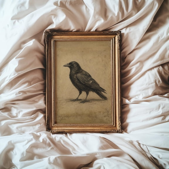 Vintage Crow Sketch Wall Art Gothic Raven Print Dark Cottagecore Decor Bird Illustration Rustic Nature Artwork