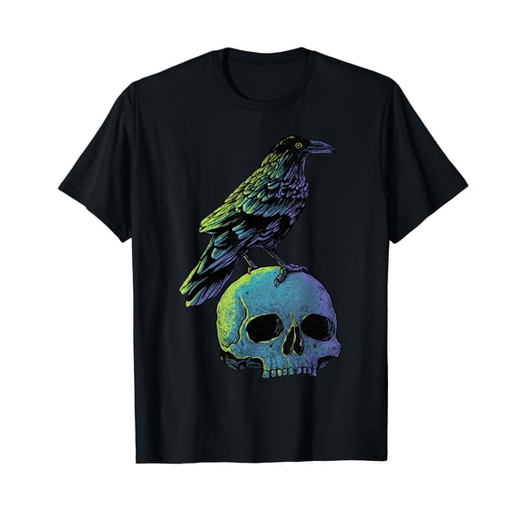 Vintage Crow Skull Spooky Raven Gothic Halloween Apparel Black T-Shirt
