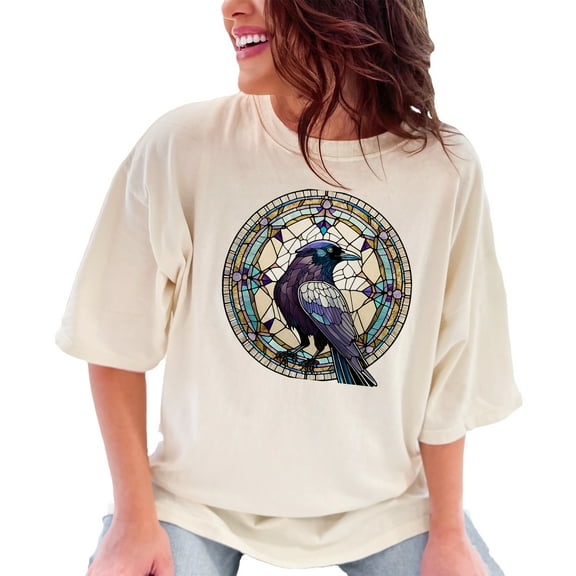 Vintage Crow Stained Glass Art T-Shirt, Unique Bird Lover Gift Tee, Colorful Raven Graphic Shirt, Gothic Nature Art Top, Ivory Comfort Colors T-Shirt, Small