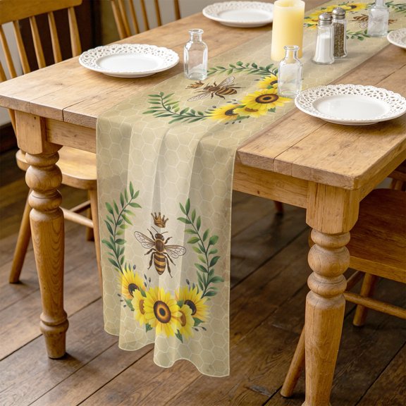 Vintage Crown Bee 4.5ft Cheesecloth Table Runner for Wedding 19"x55", Country Sunflowers Green Leaves Honeycomb Kitchen Dinner Sheer Tulle Chiffon Dresser Scarf, Holiday Party Decorations