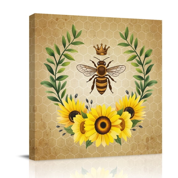 Vintage Crown Bee Canvas Wall Art for Living Room, Country Sunflowers Green Leaves Honeycomb Poster Print Painting for Bedroom Office Home Decoration Wall Pictures Prepare To Hang 8"x8"