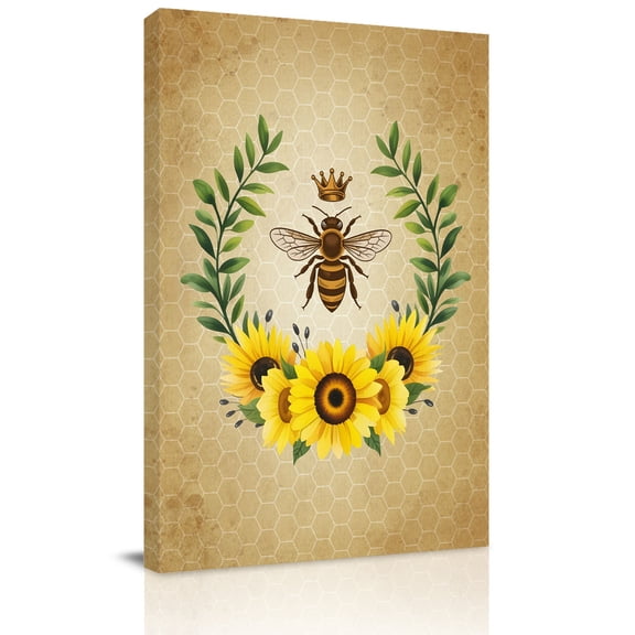Vintage Crown Bee Canvas Wall Art for Living Room, Country Sunflowers Green Leaves Honeycomb Wall Decor Framed Artwork Pictures Ready to Hang for Bedroom Office Home Decor