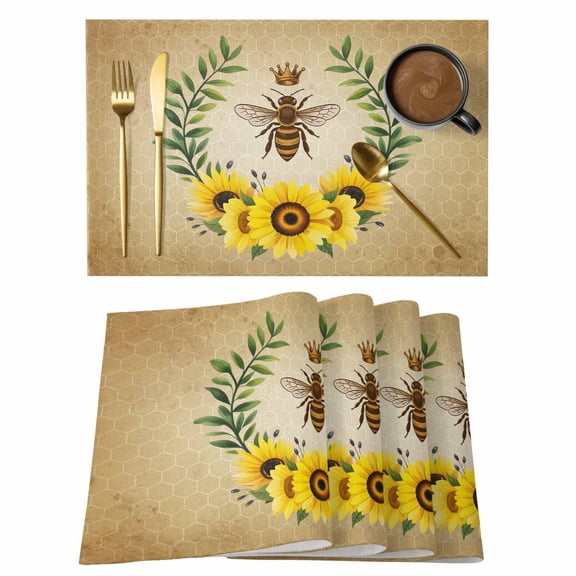 Vintage Crown Bee Cotton Linen Placemats Set of 1, Country Sunflowers Green Leaves Honeycomb Washable Table Place Mats Heat Insulating Placemat for Dining Room Kitchen Daily Use 13 x 19 Inch