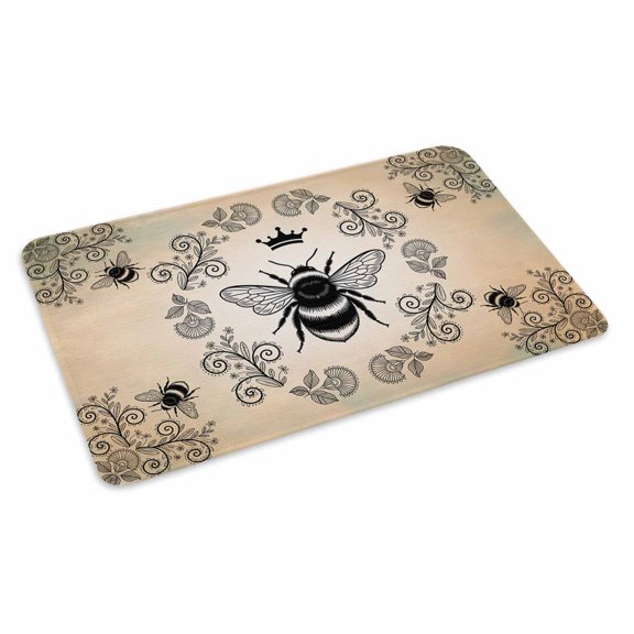 Vintage Crown Bee Doormat Classical Floral Texture Orange Green Ombre Non Slip Low Profile Rubber Door Mat Washable Absorbent Indoor Front Door Mat Entryway Rug Entrance Carpet 18x30 Inch