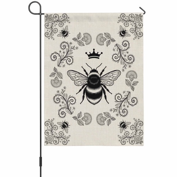 Vintage Crown Bee Garden Flag 12 x 18 Inches, Classical Floral Texture Farmhouse Linen Weather Proof Outdoor Patio Flags Double Sided Small Garden Decoration for Yard Outside Home