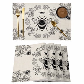Vintage Crown Bee Placemats Set of 1, Classical Floral Texture Farmhouse Linen Non-Slip Place Mats Washable Table Mats for Kitchen Dining Table Decorations Indoor/Outdoor