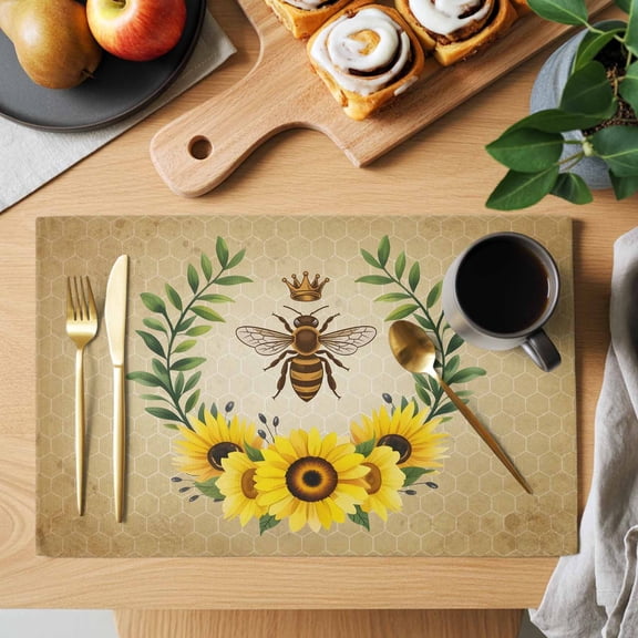 Vintage Crown Bee Placemats Set of 6, Country Sunflowers Green Leaves Honeycomb Heat Insulated Linen Place Mats, Washable Stain-Proof Table Mats for Dining Tables Holiday Decor 13x19 Inches