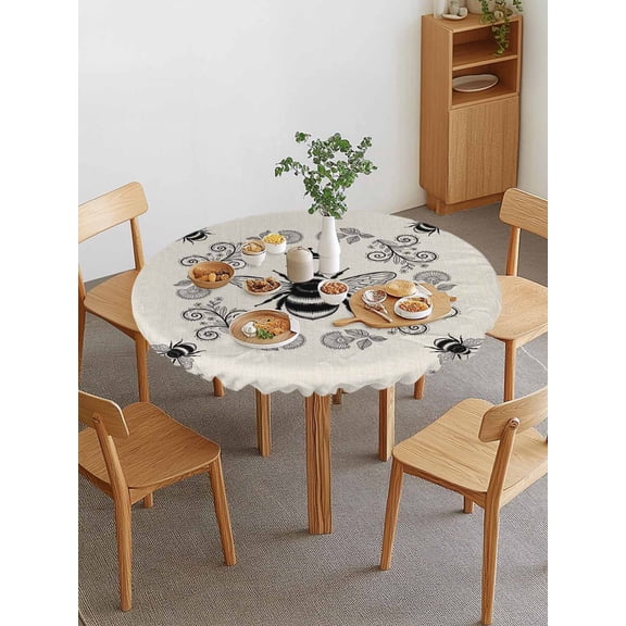 Vintage Crown Bee Round Fitted Tablecloth with Elastic Edge, Classical Floral Texture Farmhouse Linen Waterproof Stretch Table Covers for 36"-44" Tables Wipeable Table Cloth for Outdoor