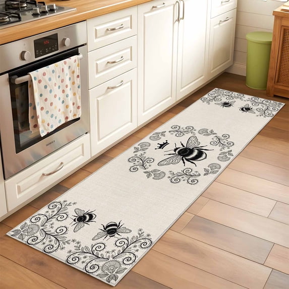 Vintage Crown Bee Runner Rugs 2x6 ft Classical Floral Texture Farmhouse Linen Washable Hallway Rugs Non-Slip Floor Mats Absorbent Carpet Bedside Runners for Bedroom Kitchen Bathroom Laundry Room
